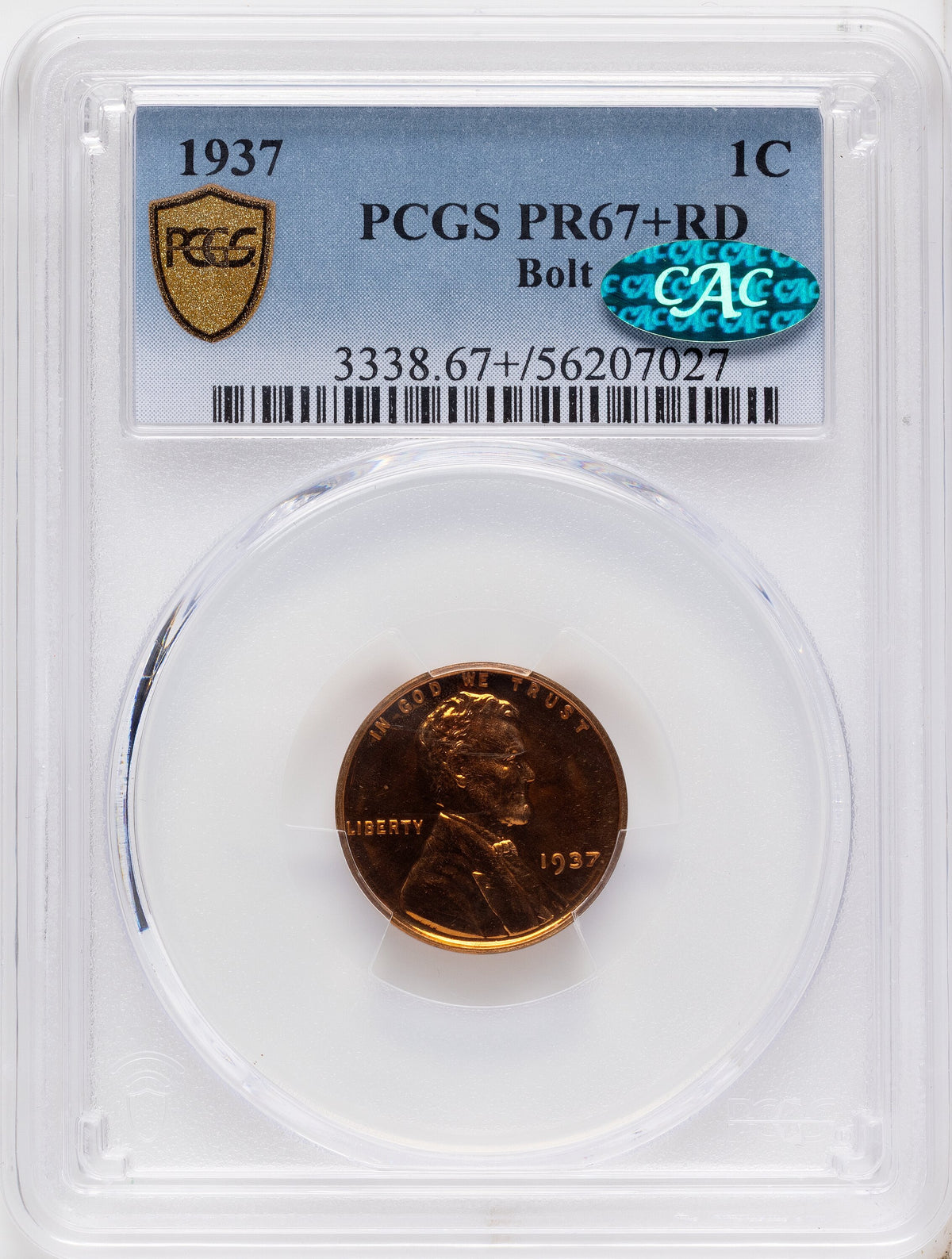 1937 1C Proof Lincoln Cent PCGS PR67+
