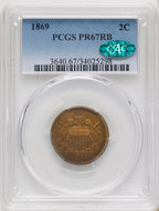 1869 2C RB CAC Proof Two Cent Pieces PCGS PR67
