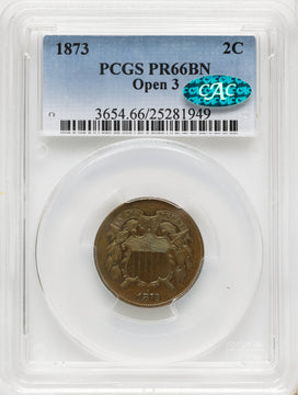 1873 2C OPEN 3 BN CAC Proof Two Cent Pieces PCGS PR66
