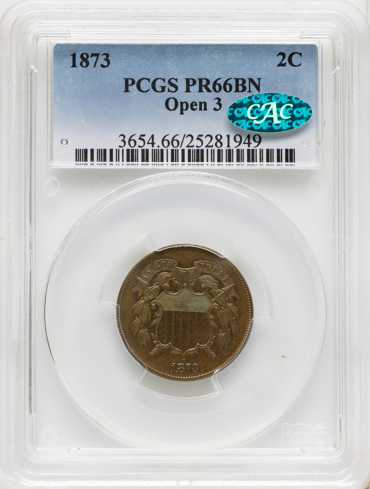 1873 2C OPEN 3 BN CAC Proof Two Cent Pieces PCGS PR66