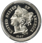 1867 3CN JD-1 CA CAC Proof Three Cent Nickel PCGS PR67