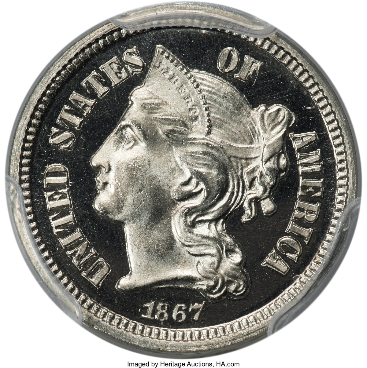 1867 3CN JD-1 CA CAC Proof Three Cent Nickel PCGS PR67