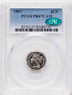 1867 3CN JD-1 CA CAC Proof Three Cent Nickel PCGS PR67