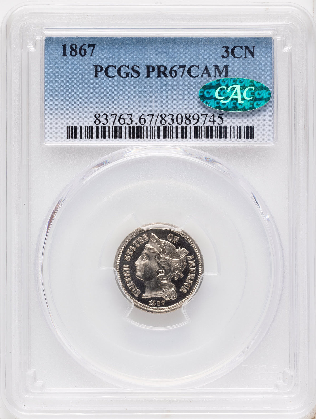 1867 3CN JD-1 CA CAC Proof Three Cent Nickel PCGS PR67