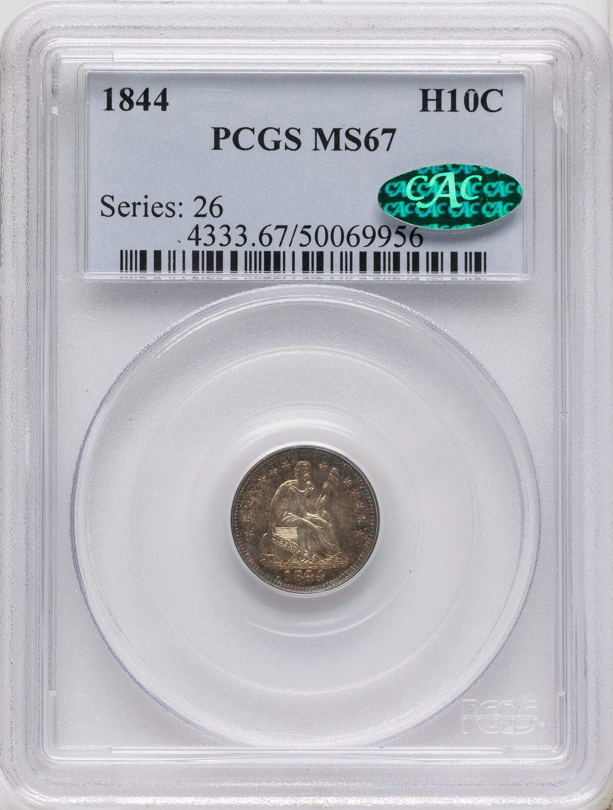 1844 H10C FS-301 CAC Seated Half Dime PCGS MS67