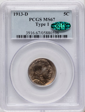 1913-D T-1 5C CAC Buffalo Nickel PCGS MS67