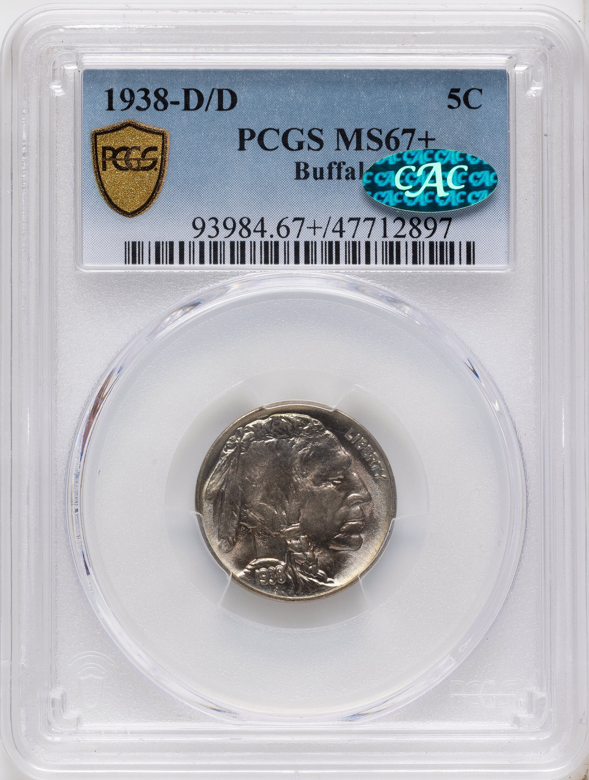 1938-D/D 5C CAC Buffalo Nickel PCGS MS67+