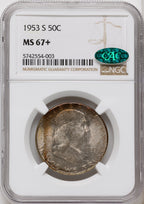 1953-S 50C CAC Franklin Half Dollar NGC MS67+
