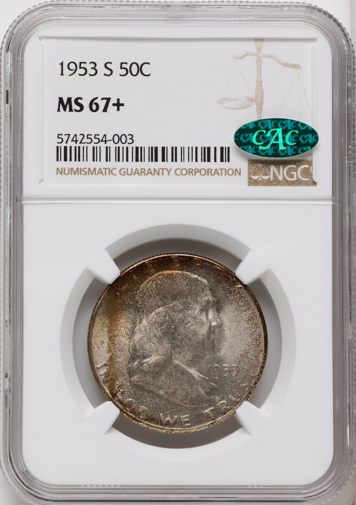 1953-S 50C CAC Franklin Half Dollar NGC MS67+
