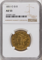 1851-O $10 Liberty Eagle NGC AU53