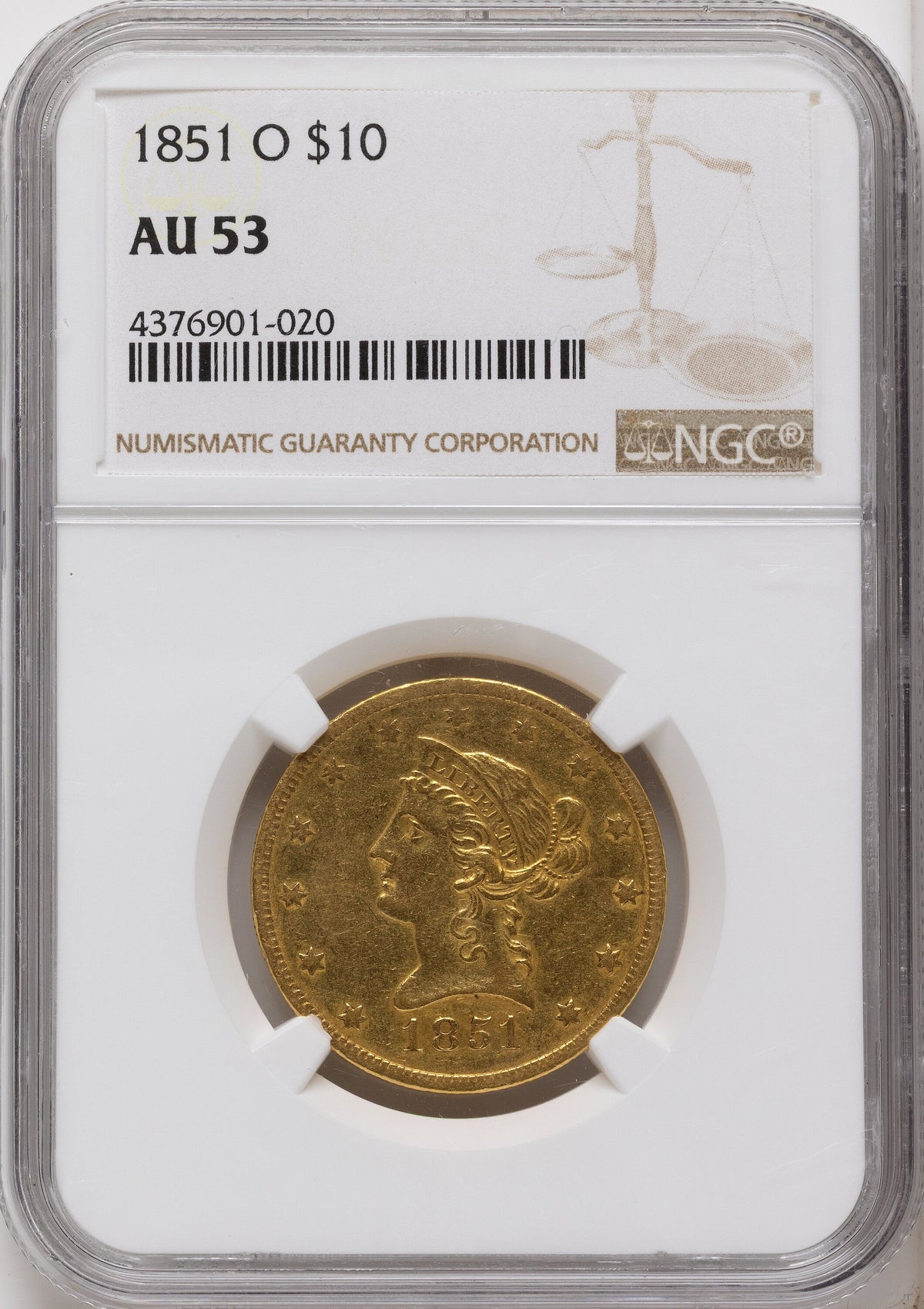 1851-O $10 Liberty Eagle NGC AU53