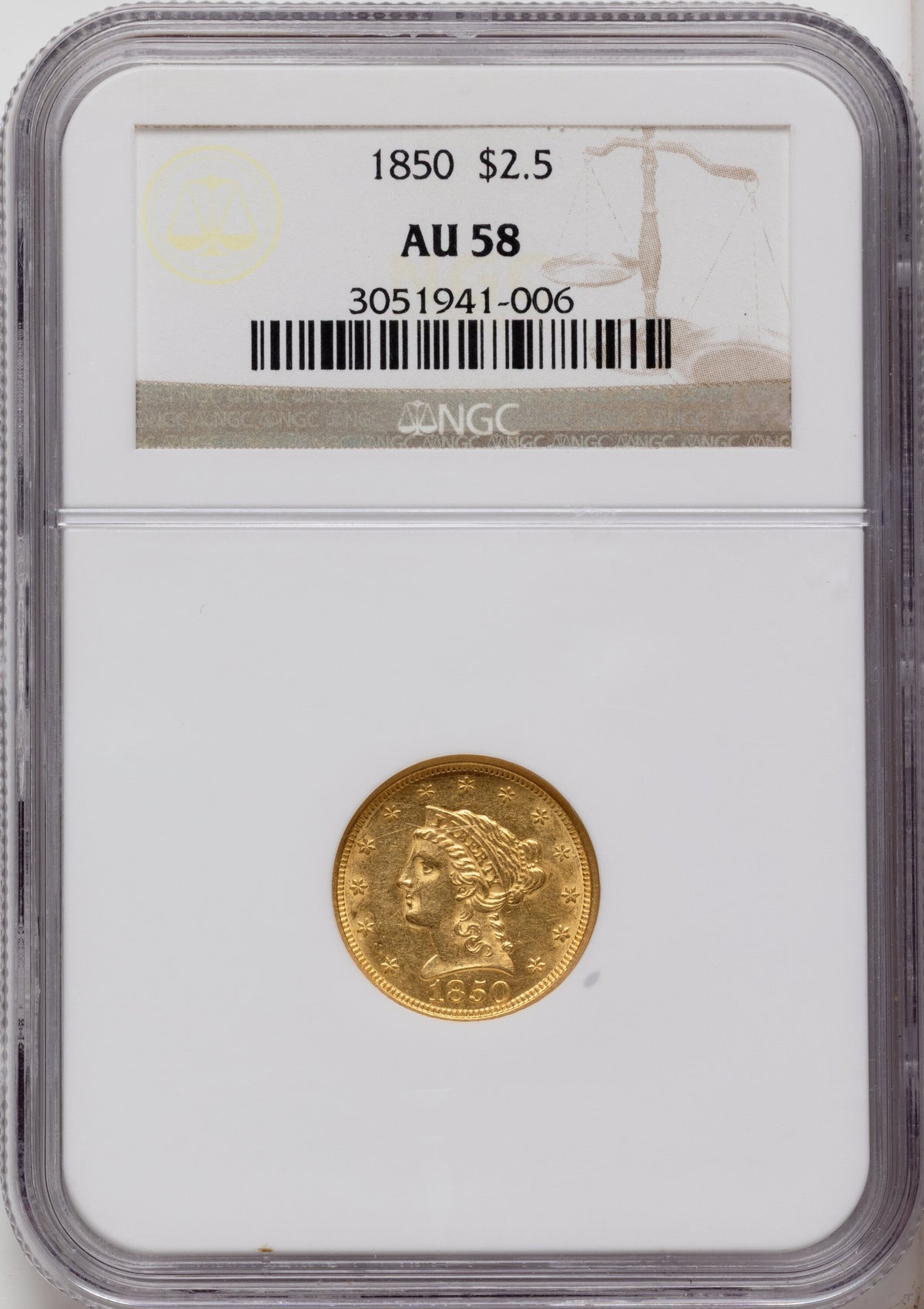 1850 $2.50 Liberty Quarter Eagle NGC AU58