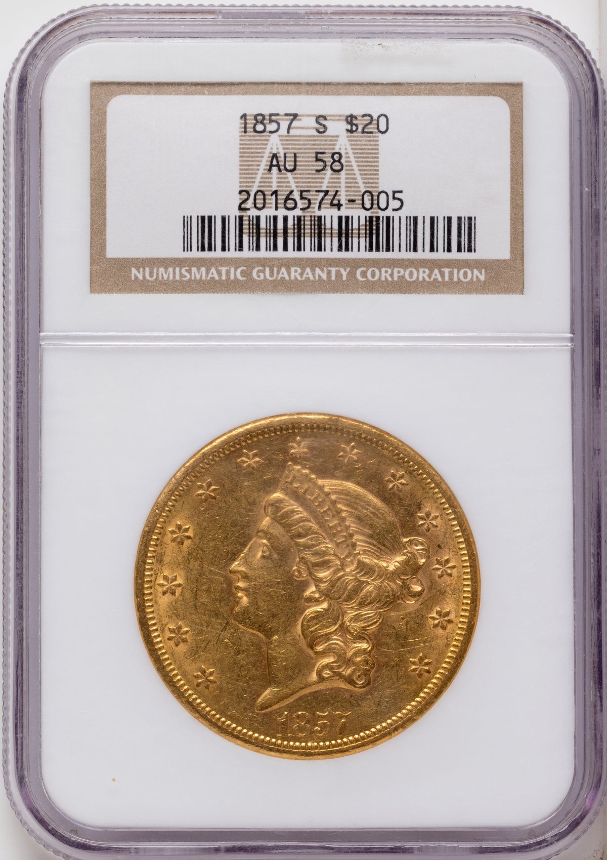 1857-S $20 Liberty Double Eagle NGC AU58