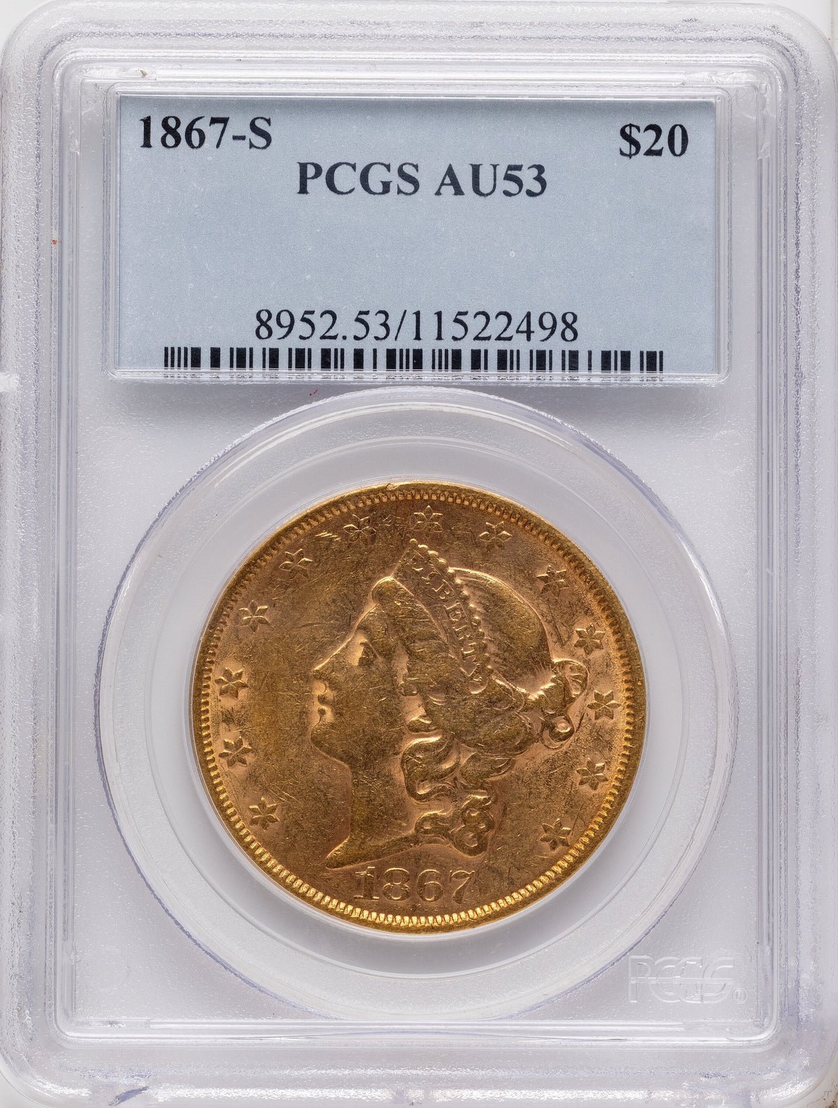 1867-S $20 Liberty Double Eagle PCGS AU53