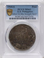 1905-S Philippines Peso Straight Serif Philippines PCGS MS62