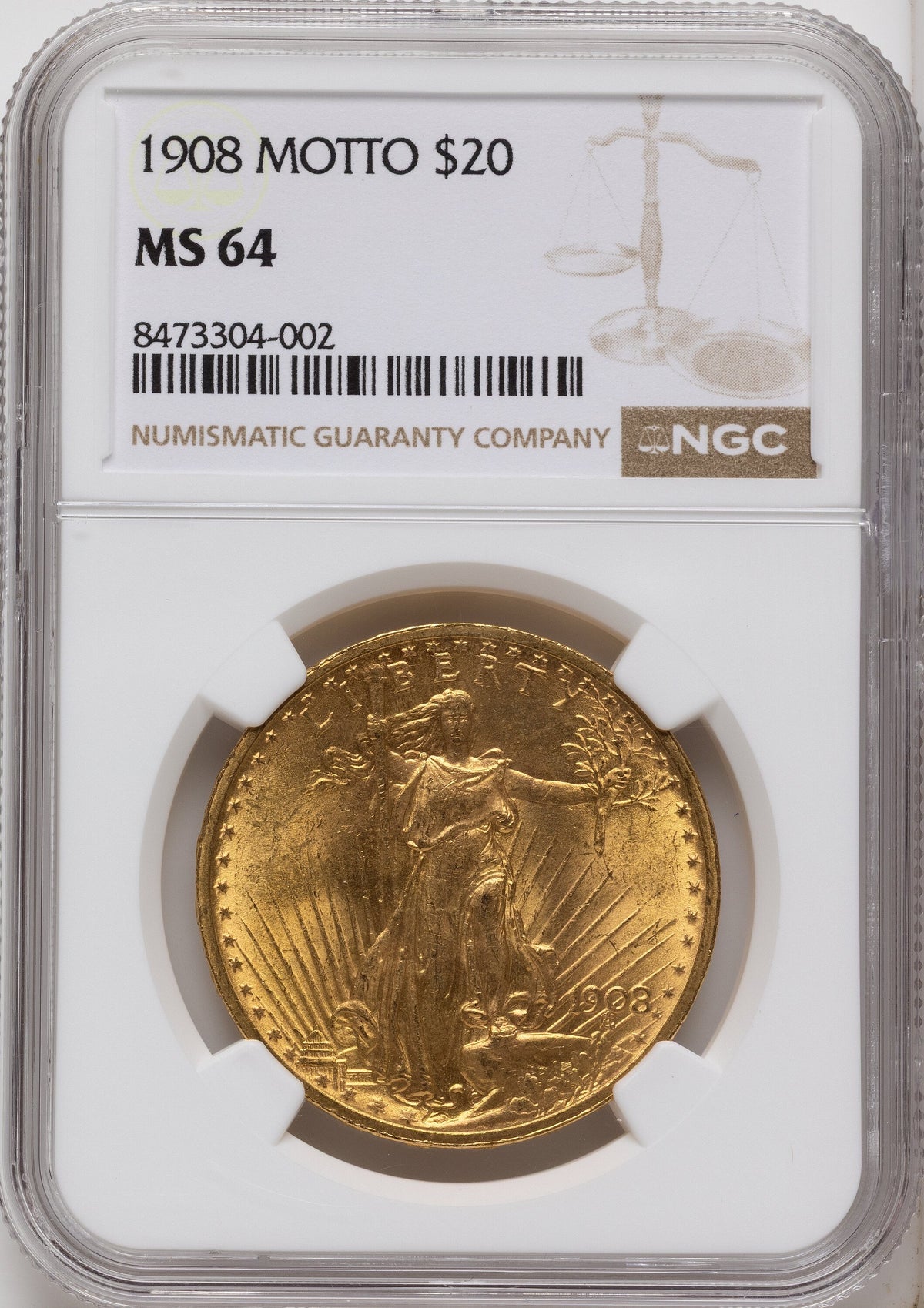 1908 $20 MOTTO Saint-Gaudens Double Eagle NGC MS64