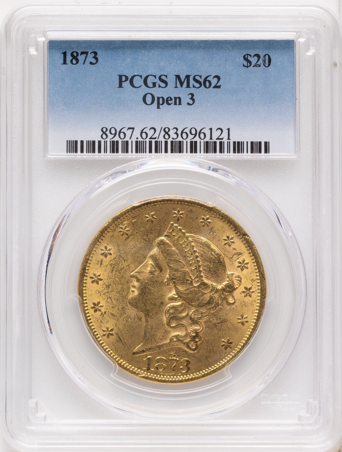 1873 $20 OPEN 3 Liberty Double Eagle PCGS MS62