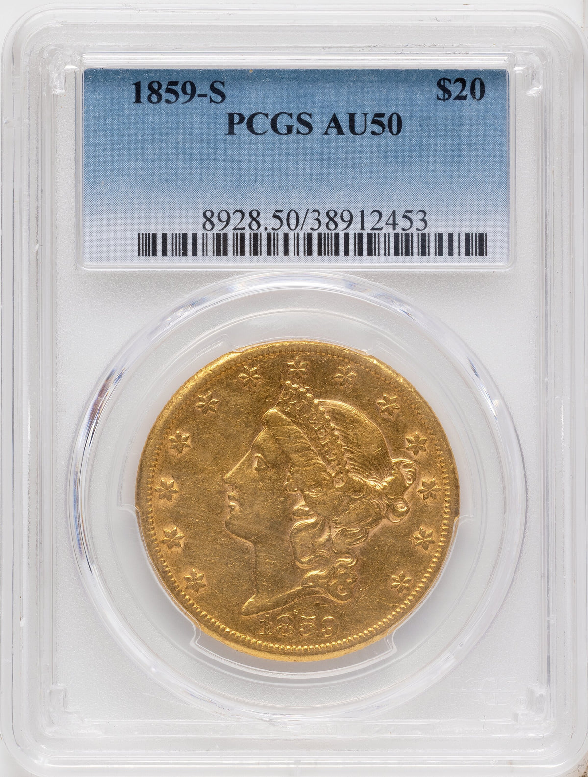 1859-S $20 Liberty Double Eagle PCGS AU50