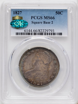 1827 50C Square Base 2 CAC Bust Half Dollar PCGS MS66