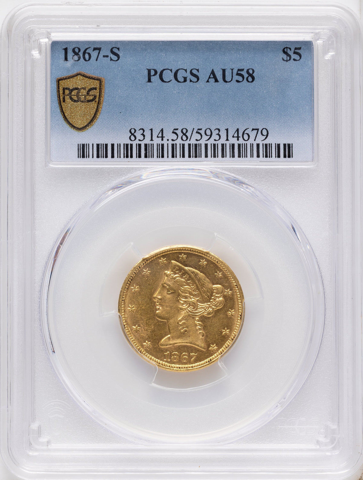 1867-S $5 Liberty Half Eagle PCGS AU58