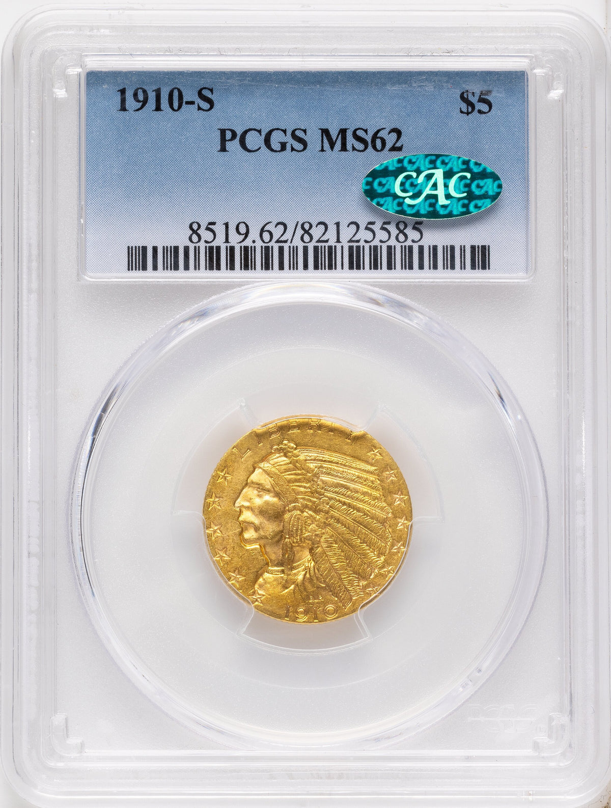 1910-S $5 CAC Indian Half Eagle PCGS MS62
