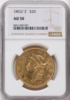 1853/'2' $20 FS-301 Liberty Double Eagle NGC AU50