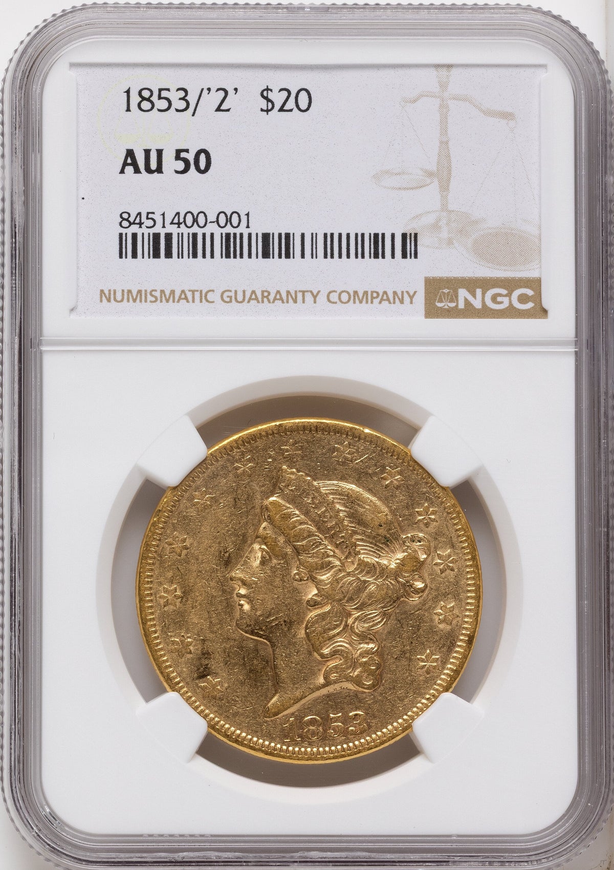 1853/'2' $20 FS-301 Liberty Double Eagle NGC AU50