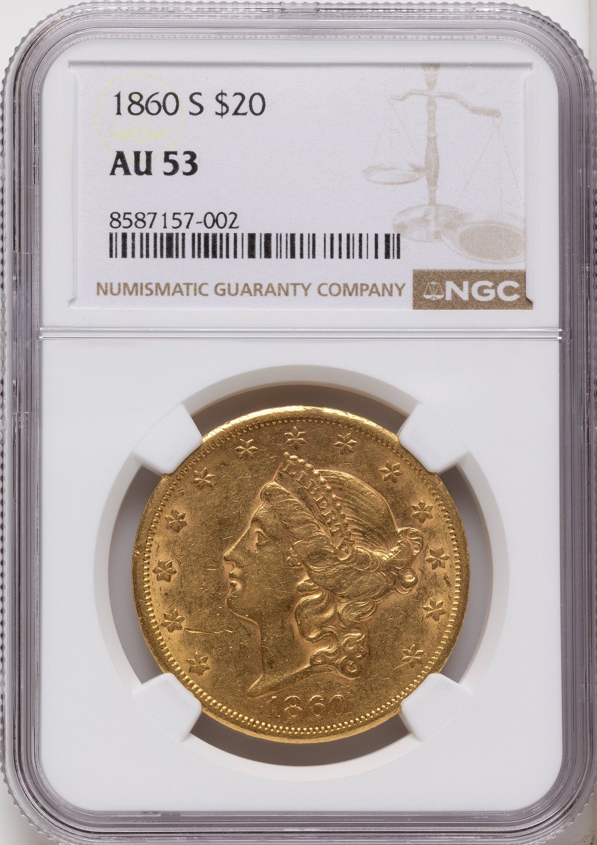 1860-S $20 Liberty Double Eagle NGC AU53