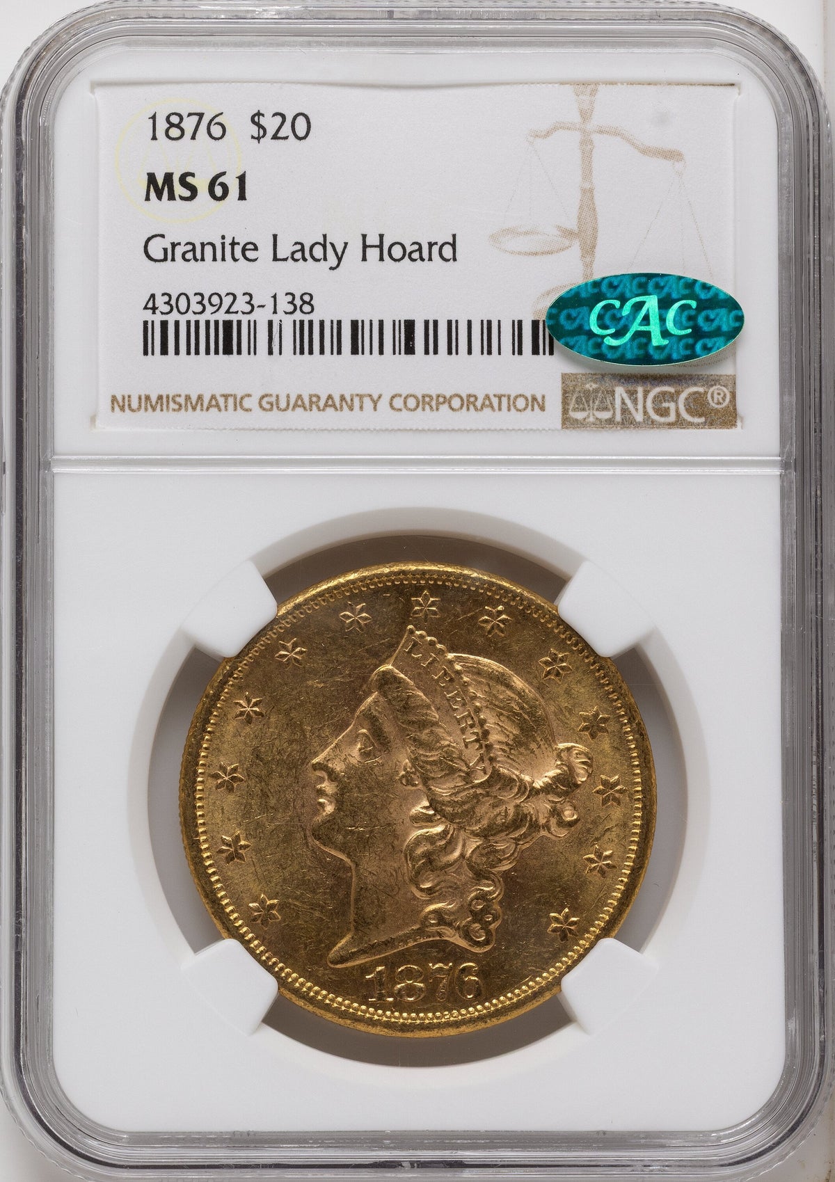 1876 $20 CAC Liberty Double Eagle NGC MS61