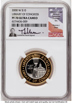 2000-W $10 Library of Congress Bi-Metallic Gold 0.2509 oz and Platinum 0.2509 oz Thomas Uram NGC PF70