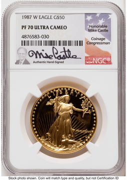 1987-W Proof Gold Eagle 1 oz Mike Castle NGC PF70