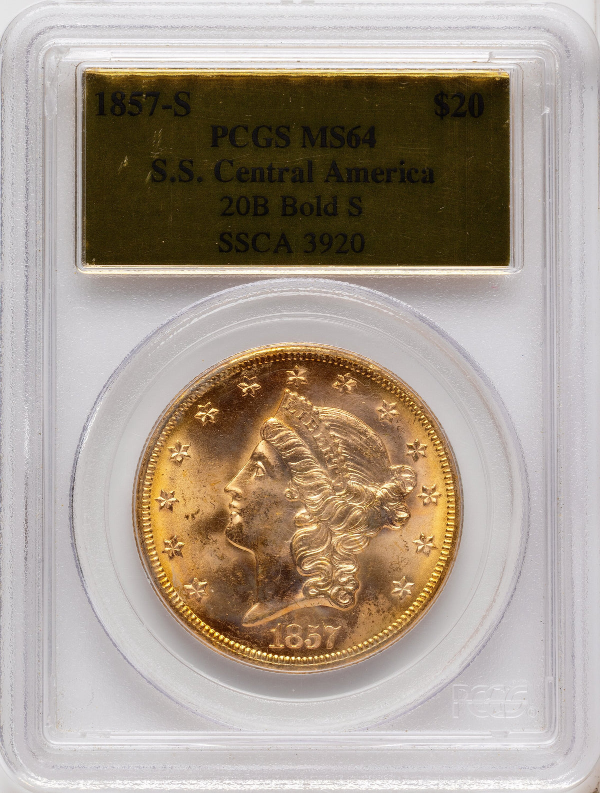 1857-S $20 Bold S Liberty Double Eagle PCGS MS64