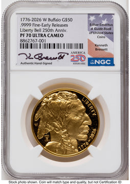 2026-W Proof Gold Buffalo 1 oz ER Kenneth Bressett America 250 NGC PF70