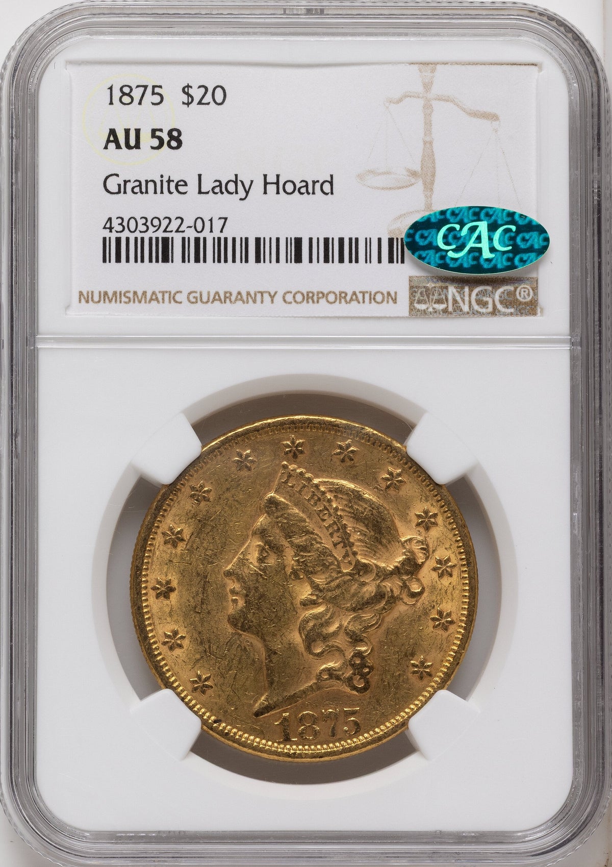 1875 $20 CAC Liberty Double Eagle NGC AU58