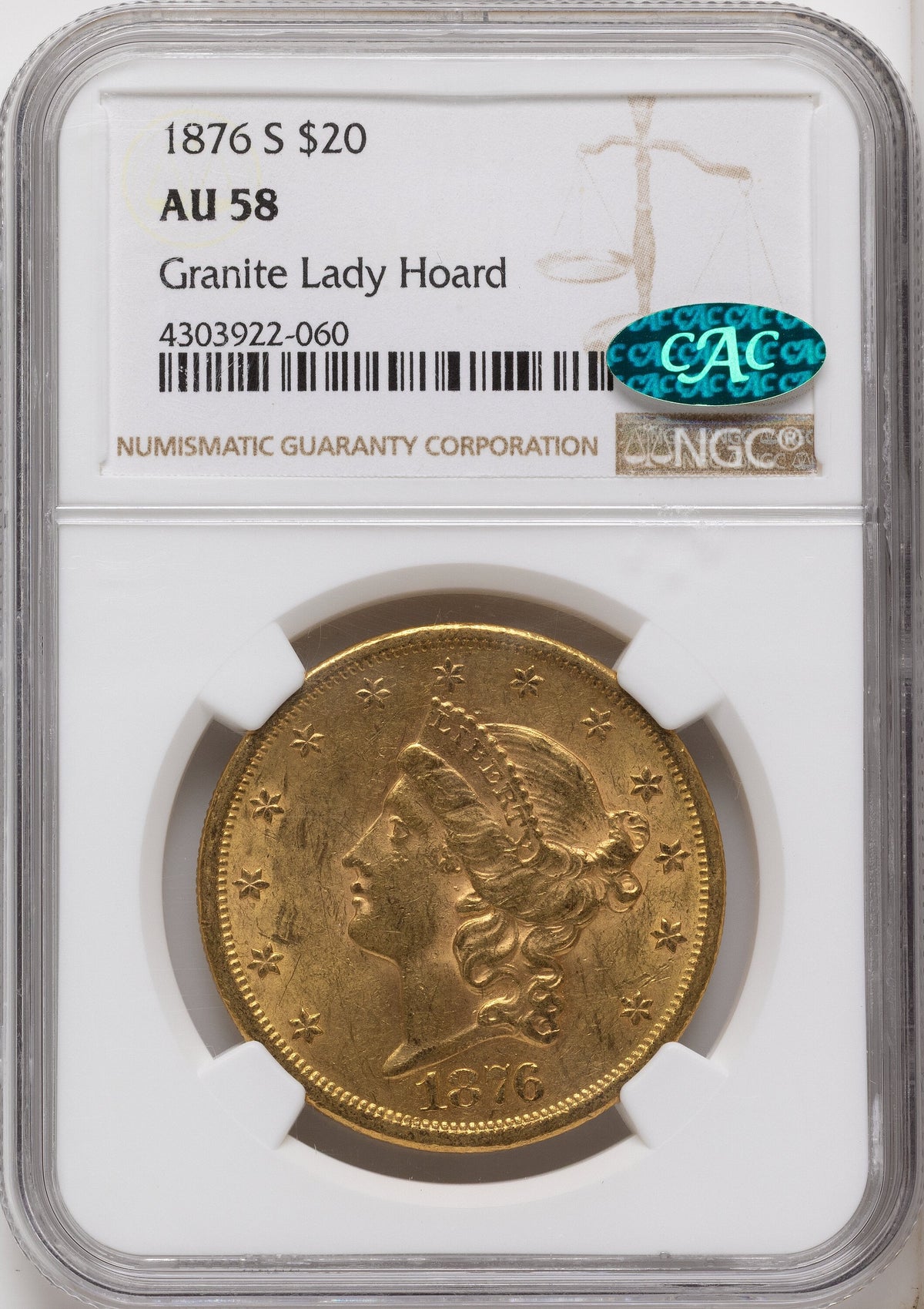 1876-S $20 CAC Liberty Double Eagle NGC AU58