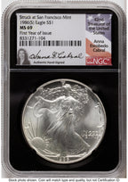 1986-(S) Silver Eagle Anna Cabral First Year of Issue NGC MS69