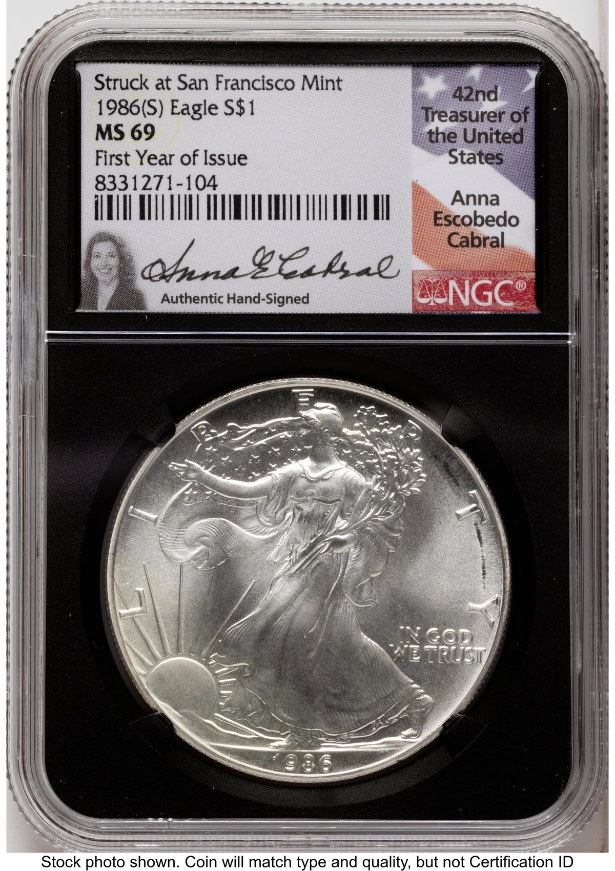 1986-(S) Silver Eagle Anna Cabral First Year of Issue NGC MS69