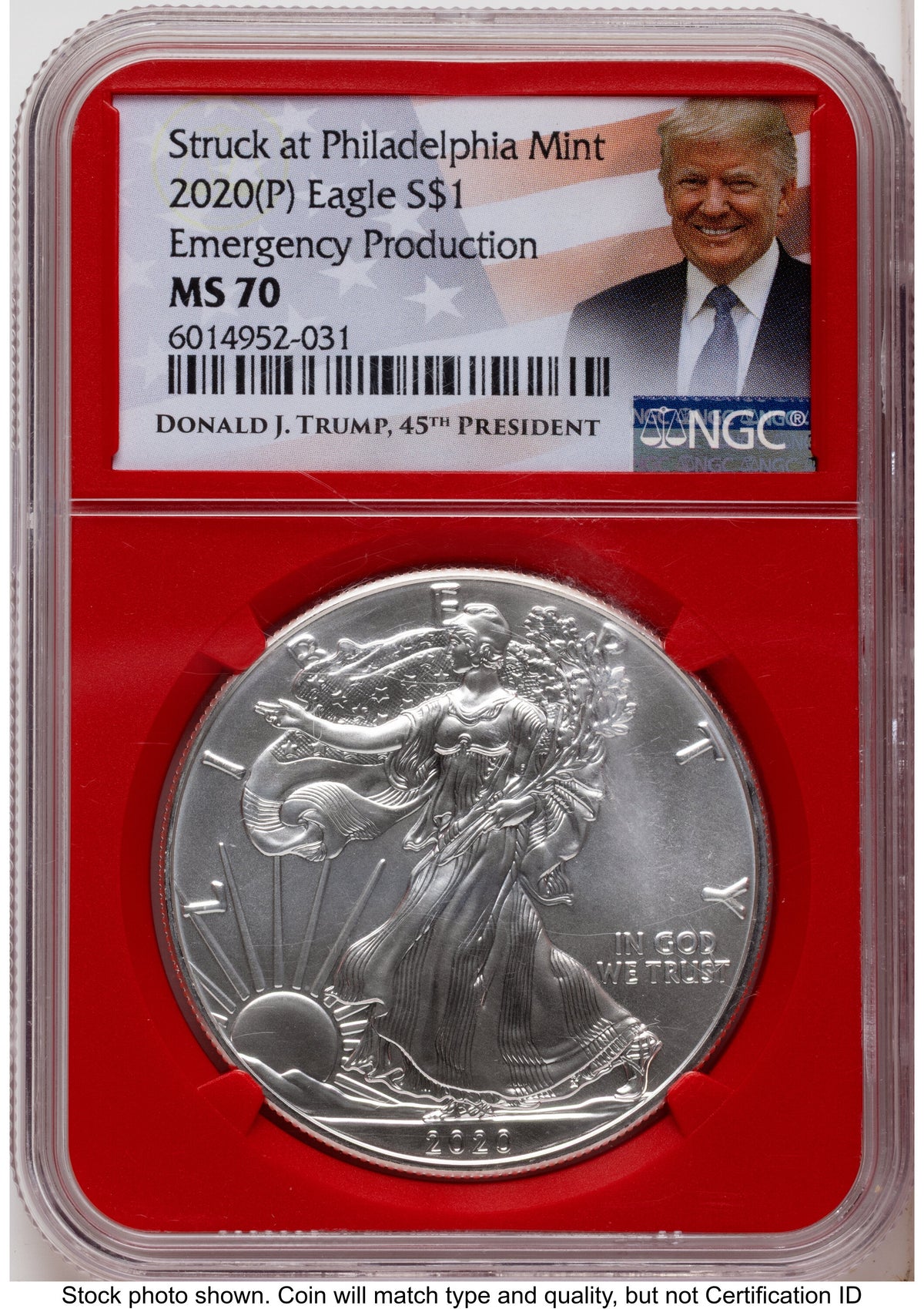 2020-(P) Silver Eagle Emergency Production Trump Label Red Core NGC MS70