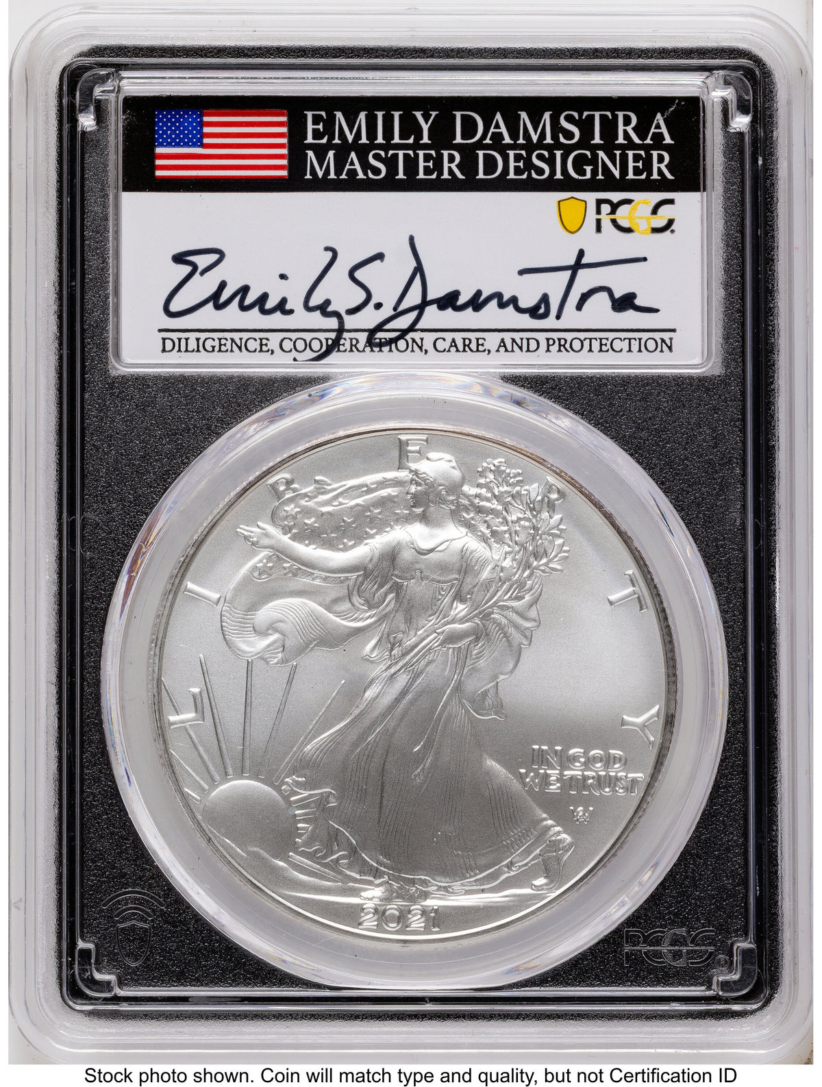 2021 Silver Eagle Type 2 First Production Emily Damstra Blk Frame PCGS MS70