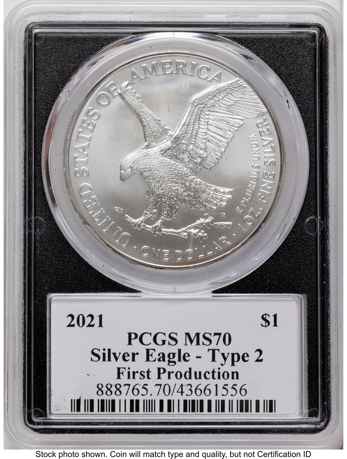 2021 Silver Eagle Type 2 First Production Emily Damstra Blk Frame PCGS MS70