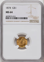 1874 G$1 Gold Dollar NGC MS64