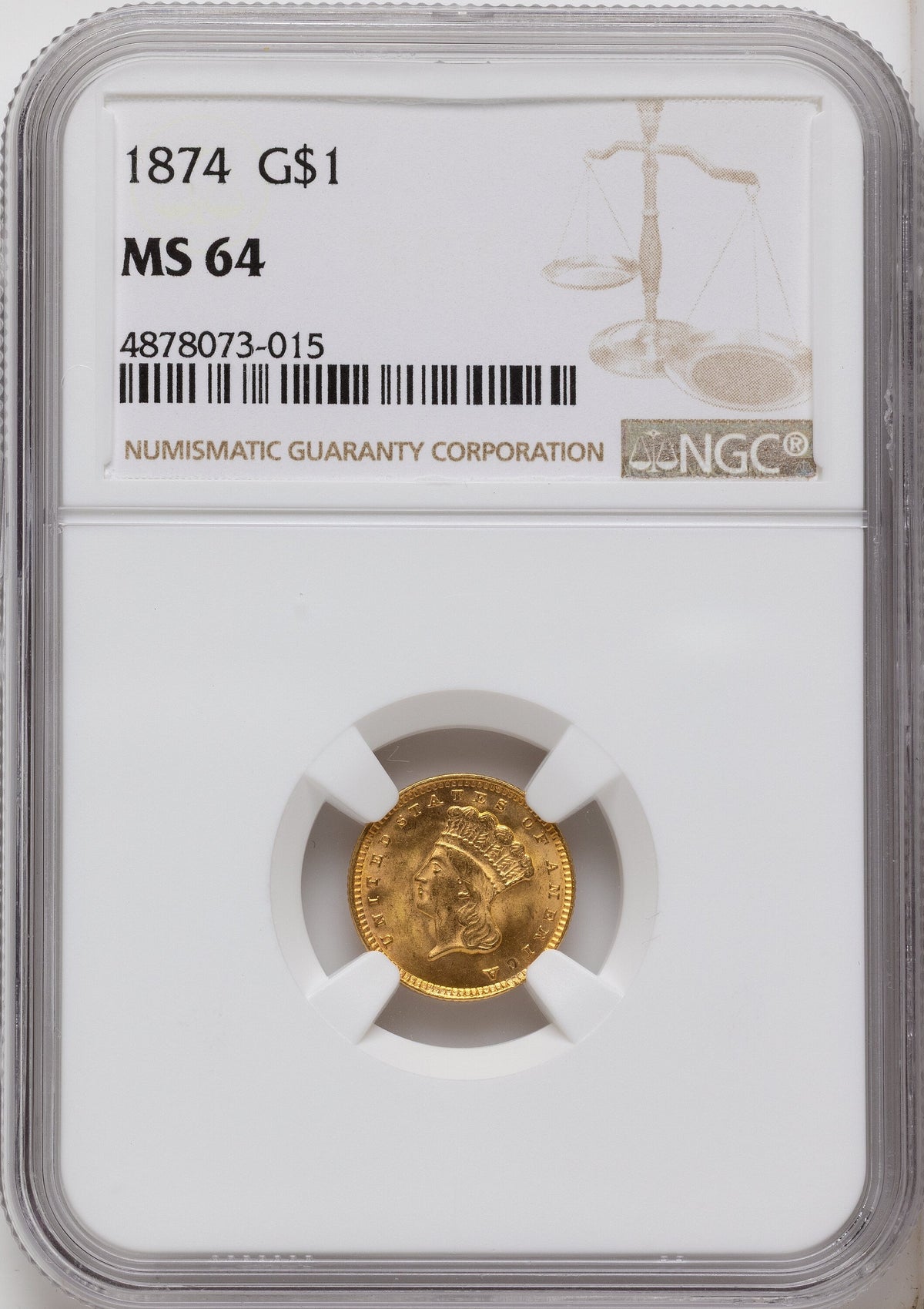 1874 G$1 Gold Dollar NGC MS64