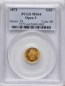 1873 G$1 OPEN 3 Gold Dollar PCGS MS64
