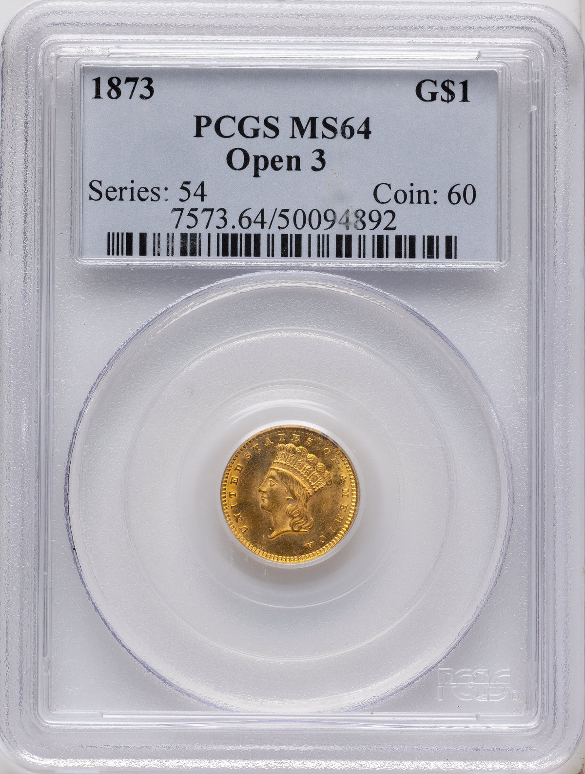 1873 G$1 OPEN 3 Gold Dollar PCGS MS64