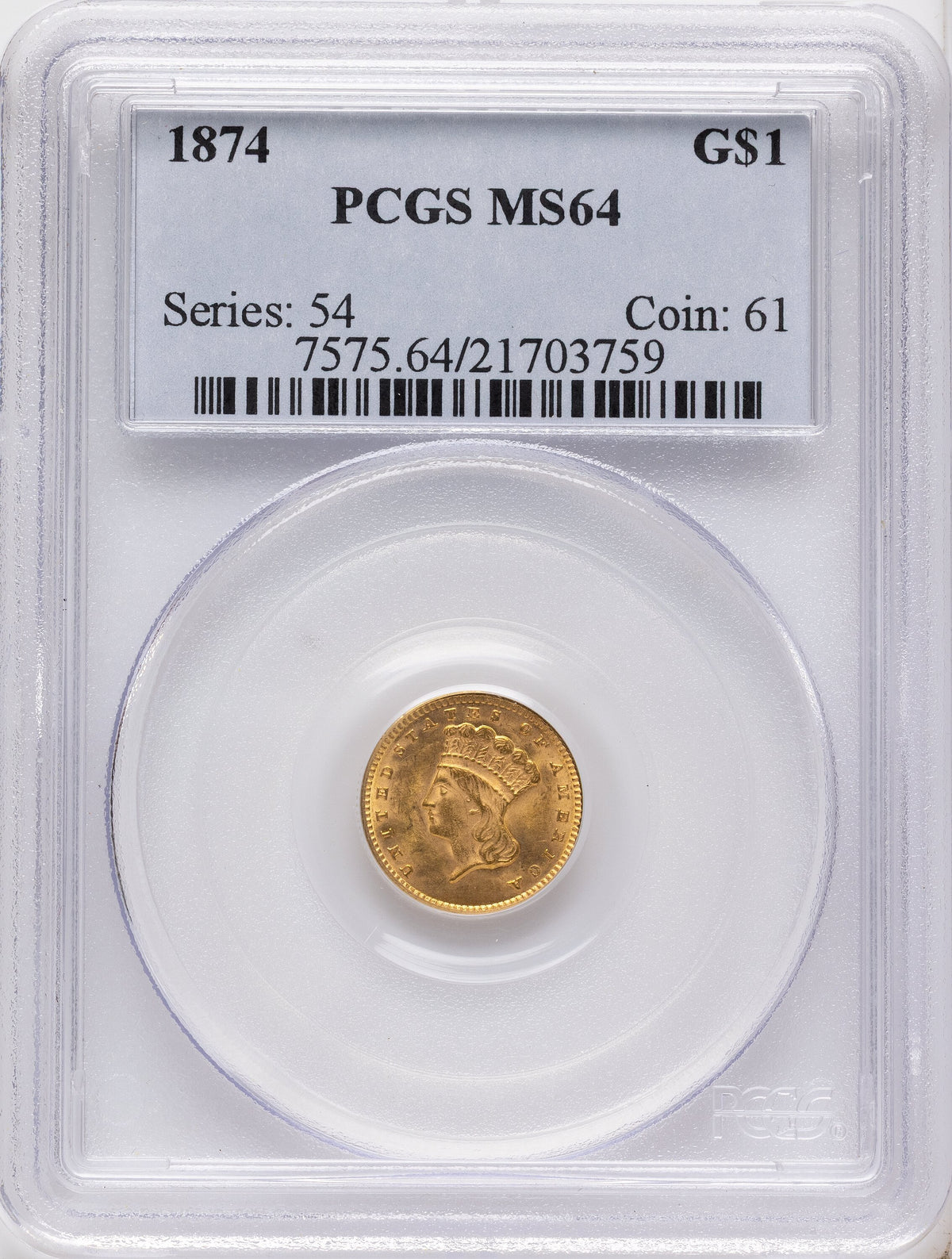1874 G$1 Gold Dollar PCGS MS64