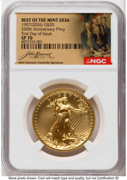 2026 2 Coin Best of the Mint 1907 Saint Gaudens $20 Gold 1 oz and Silver 1 oz Medal Set FDI America 250 John Hancock Label NGC MS70