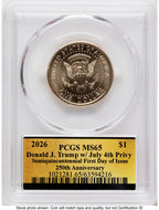 2026 Semiquincentennial President Donald J. Trump $1 (Privy Mark) FDI America 250 Label PCGS MS65