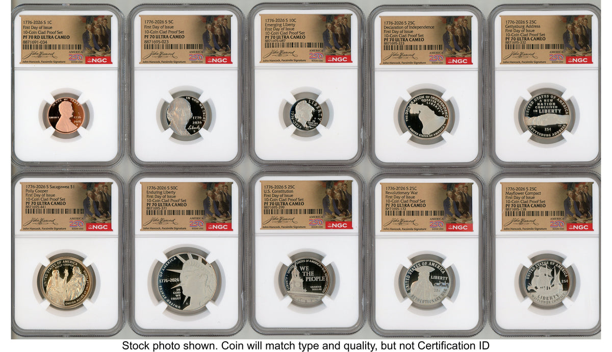 2026 10 Coin Semiquincentennial Clad Proof Set FDI America 250 John Hancock Label NGC PF70