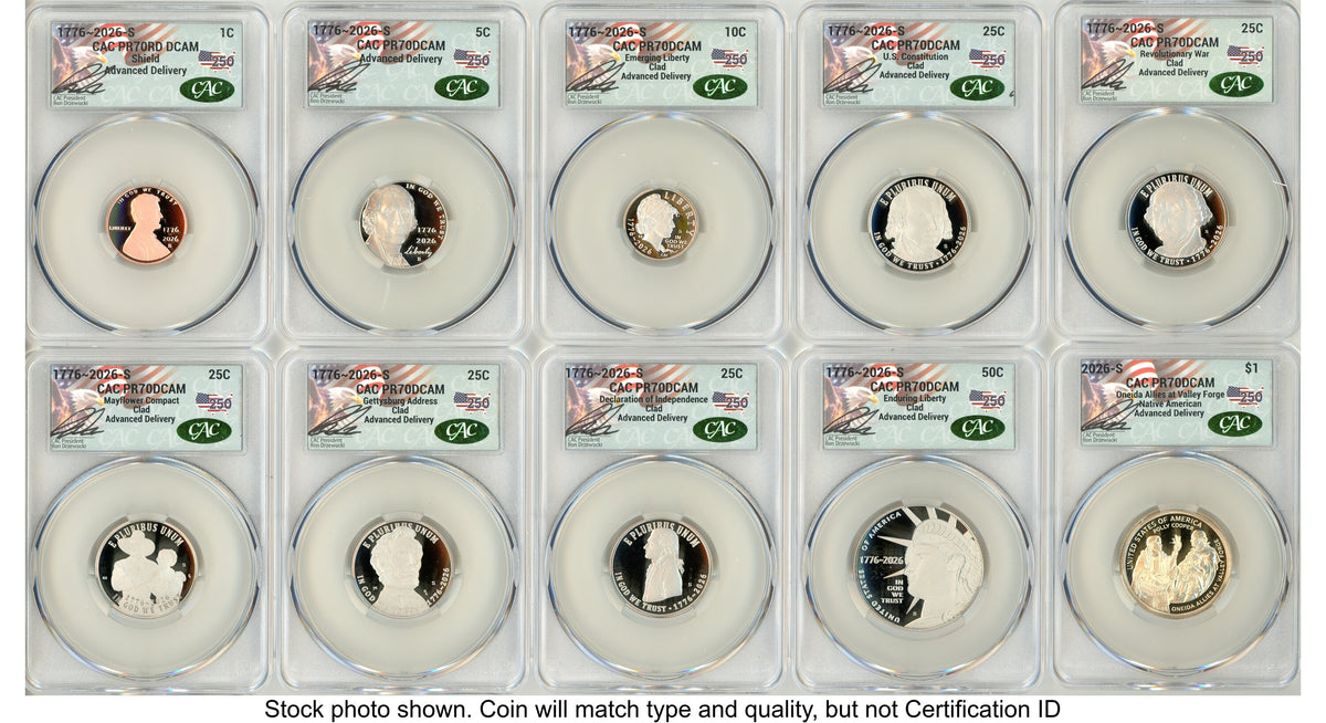 2026 10 Coin Semiquincentennial Clad Proof Set Advanced Delivery Ron Drzewucki America 250 CACG PR70