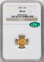 1853 G$1 CAC Gold Dollar NGC MS64
